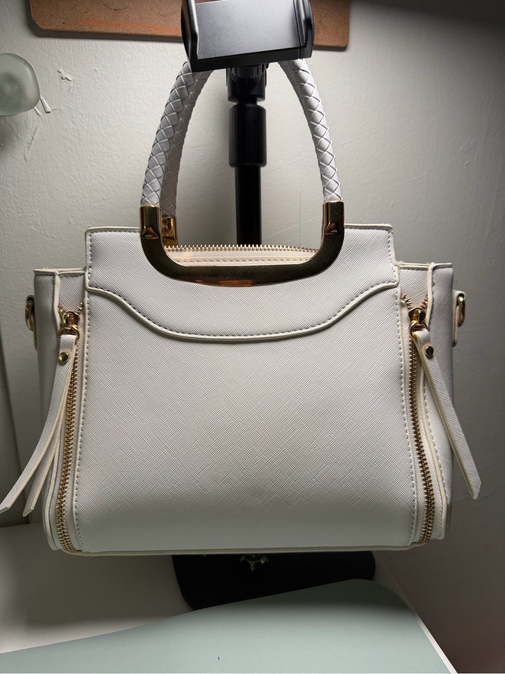 White Structured Top-Handle Satchel Bag - Unbranded